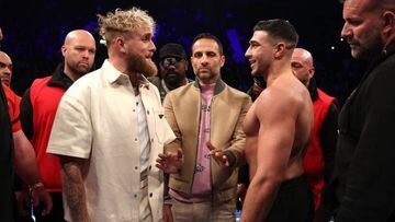 LONDON, ENGLAND - JANUARY 28: Jake Paul (L) and Tommy Fury (R) face off prior to the Artur Beterbiev vs Anthony Yarde fight night at OVO Arena Wembley on January 28, 2023 in London, England. (Photo by Mark Robison/Top Rank Inc via Getty Images)