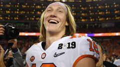 SANTA CLARA, CA - JANUARY 07: Trevor Lawrence #16 of the Clemson Tigers reacts after his teams 44-16 win over the Alabama Crimson Tide in the CFP National Championship presented by AT&amp;T at Levi&#039;s Stadium on January 7, 2019 in Santa Clara, California.   Harry How/Getty Images/AFP == FOR NEWSPAPERS, INTERNET, TELCOS &amp; TELEVISION USE ONLY ==