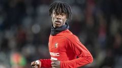 NIMES, FRANCE - January 15:  Edouardo Camavinga #18 of Rennes during team warm up before the Nimes Olympique V Stade Rennes, French Ligue 1, regular season match at Stade des Costieres on January 15th 2020, Nimes, France (Photo by Tim Clayton/Corbis via G
