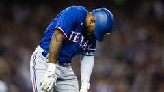 Oct 30, 2023; Phoenix, AZ, USA; Texas Rangers right fielder Adolis Garcia (53) reacts after after suffering an injury in the eighth inning of game three of the 2023 World Series against the Arizona Diamondbacks at Chase Field. Mandatory Credit: Mark J. Rebilas-USA TODAY Sports