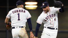 Houston Astros center fielder George Springer, right, and shortstop Carlos Correa celebrate the team&#039;s 6-3 win over the New York Yankees in a baseball game Tuesday, April 9, 2019, in Houston. (AP Photo/Eric Christian Smith)