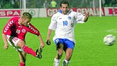 Bosnian player Hasan Salihamidzic, right, challenges Danish player Martin Jorgensen, left, during qualification for European championship in Portugal 2004 between national teams of Bosnia and Herzegovina and Denmark, played in Bosnian capital of Sarajevo,