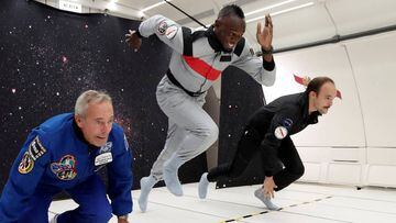 Retired sprinter Usain Bolt, French astronaut Jean-Francois Clervoy, CEO of Novespace, and French Interior designer Octave de Gaulle who designed a bottle of &quot;Mumm Grand Cordon Stellar&quot; enjoy zero gravity conditions during a flight in a speciall