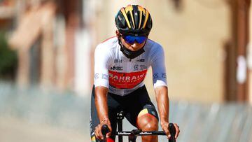 CLUNIA, SPAIN - AUGUST 05: Santiago Buitrago Sanchez of Colombia and Team Bahrain Victorious - White Best Young Jersey prior to the 44th Vuelta a Burgos 2022, Stage 4 a 169km stage from Torresandino to Ciudad Romana de Clunia / #VueltaBurgos / on August 05, 2022 in Clunia, Spain. (Photo by Gonzalo Arroyo Moreno/Getty Images)
