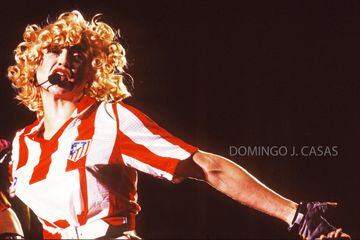 Material girl Madonna in an Atlético Madrid shirt, peforming at the Calderón, 25 July 1990.
