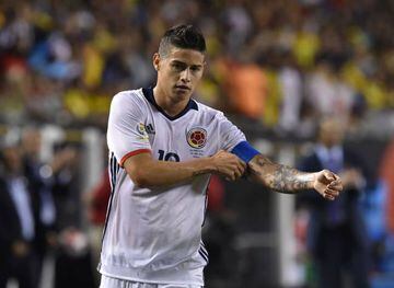 Colombia's James Rodriguez gestures during the Copa America Centenario semifinal football match in Chicago, Illinois, United States, on June 22, 2016.