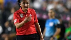 Mexico's coach Monica Vergara gestures during their 2022 Concacaf Women's Championship football match against Jamaica, at the Universitario stadium in Monterrey, Nuevo Leon State, Mexico on July 4, 2022. (Photo by ALFREDO ESTRELLA / AFP)