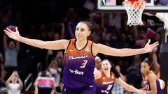 PHOENIX, ARIZONA - AUGUST 03: Guard Diana Taurasi #3 of the Phoenix Mercury reacts after scoring her 10,000th career point during the second half against the Atlanta Dream at Footprint Center on August 03, 2023 in Phoenix, Arizona. NOTE TO USER: User expressly acknowledges and agrees that, by downloading and or using this photograph, User is consenting to the terms and conditions of the Getty Images License Agreement.   Chris Coduto/Getty Images/AFP (Photo by Chris Coduto / GETTY IMAGES NORTH AMERICA / Getty Images via AFP)