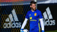 David De Gea of Spain looks on during a training session. 