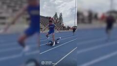 A runner was nearly tripped up by a kid who leapt onto the track and ran right in front of him, but in the end it was the kid who got knocked down.