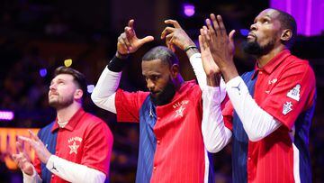 INDIANAPOLIS, INDIANA - FEBRUARY 18: LeBron James #23 of the Los Angeles Lakers and Western Conference All-Stars reacts prior to the start of the 2024 NBA All-Star Game at Gainbridge Fieldhouse on February 18, 2024 in Indianapolis, Indiana. NOTE TO USER: User expressly acknowledges and agrees that, by downloading and or using this photograph, User is consenting to the terms and conditions of the Getty Images License Agreement.   Stacy Revere/Getty Images/AFP (Photo by Stacy Revere / GETTY IMAGES NORTH AMERICA / Getty Images via AFP)