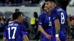 LOS ANGELES, CALIFORNIA - JANUARY 25: Brandon Vazquez #8 of the United States celebrates with Alex Zendejas #17 and Cade Cowell #20 after scoring a goal against Serbia during the first half in the International Friendly match at BMO Stadium on January 25, 2023 in Los Angeles, California.   Harry How/Getty Images/AFP (Photo by Harry How / GETTY IMAGES NORTH AMERICA / Getty Images via AFP)