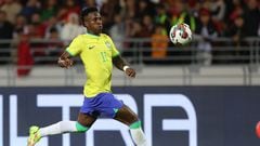 (FILES) Brazil's forward Vinicius Junior runs with the ball during a friendly football match between Morocco and Brazil at the Ibn Batouta Stadium