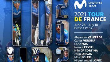 Cartel con la alineaci&oacute;n del Movistar para el Tour de Francia 2021 con Enric Mas, Alejandro Valverde, Marc Soler y Miguel &Aacute;ngel L&oacute;pez.