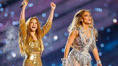 Shakira y Jennifer Lopez en el Super Bowl LIV Halftime Show en el Hard Rock Stadium. Miami Gardens, Fla. Febrero 2, 2020. 