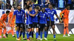 Oct 4, 2023; Montreal, Quebec, CAN; CF Montreal midfielder Lassi Lappalainen (21) celebrates with teammates after scoring during the second half against the Houston Dynamo at Stade Saputo. Mandatory Credit: Eric Bolte-USA TODAY Sports