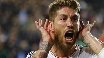 Sergio Ramos celebrates after scoring a goal against Atletico Madrid 