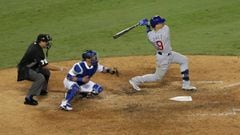 LOS ANGELES, CA - OCTOBER 20: Javier Baez #9 of the Chicago Cubs hits a three-run double in the eighth inning against the Los Angeles Dodgers in game five of the National League Division Series at Dodger Stadium on October 20, 2016 in Los Angeles, California.   Jeff Gross/Getty Images/AFP == FOR NEWSPAPERS, INTERNET, TELCOS &amp; TELEVISION USE ONLY ==