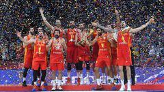 TOPSHOT - Spain&#039;s players celebrate with their winning trophy on the podium at the end of the Basketball World Cup final game between Argentina and Spain in Beijing on September 15, 2019. (Photo by WANG Zhao / AFP)