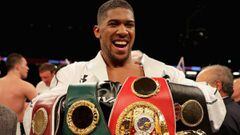 Anthony Joshua celebrates victory after his WBA, IBF, WBO &amp; IBO Heavyweight Championship title fight against Joseph Parker at Principality Stadium on March 31, 2018 in Cardiff, Wales. 