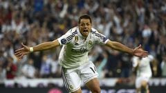 Real Madrid's Mexican forward Javier Hernandez celebrates after scoring a goal during the UEFA Champions League quarter-finals second leg football match Real Madrid CF vs Club Atletico de Madrid at the Santiago Bernabeu stadium in Madrid on April 22, 2015.     AFP PHOTO / PIERRE-PHILIPPE MARCOU 
PRIMER GOL CHICHARITO 1-0 ALEGRIA
PUBLICADA 23/04/15 NA MA01 5COL PORTADA