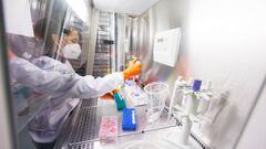 An employee works on a vaccine based on the monkeypox vaccine that has already been developed by the vaccine company Bavarian Nordic at a laboratory of the company in Martinsried near Munich, Germany, May 24, 2022. The company, headquartered in Denmark, i
