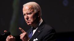 President Joe Biden gestures as he gives a speech during the memorial service honoring former U.S. Senate Majority Leader Harry Reid at The Smith Center for the Performing Arts in Las Vegas, Nevada.