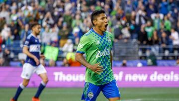 Jun 14, 2022; Seattle, Washington, USA; Seattle Sounders FC forward Raul Ruidiaz (9) reacts during the second half after missing his potential third goal against the Vancouver Whitecaps at Lumen Field. Mandatory Credit: Joe Nicholson-USA TODAY Sports