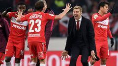Spartak coach Massimo Carrera celebrates the 2-1 win over Zenit.