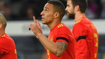 Rodrigo points to the skies after his World Cup 2018 goal for Spain.