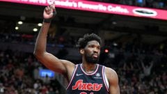 Apr 28, 2022; Toronto, Ontario, CAN;  Philadelphia 76ers center Joel Embiid (21) gestures after a scoring play against the Toronto Raptors in the second half during game six of the first round for the 2022 NBA playoffs at Scotiabank Arena. Mandatory Credi