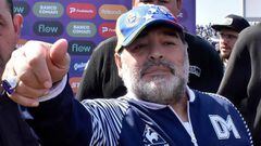 Picture released by Noticias Argentinas showing the coach of Gimnasia y Esgrima La Plata, football legend Diego Maradona, celebrating after defeating Aldosivi 3-0 in an Argentina First Division Superliga football match in Mar del Plata, south of Buenos Ai