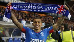 Rangers&#039; James Tavernier celebrates after the team was promoted to the Scottish Premiership.