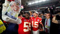 Kansas City Chiefs' Frank Clark, left, and Patrick Mahomes celebrate after defeating the San Francisco 49ers in the NFL Super Bowl 54 football game Sunday, Feb. 2, 2020, in Miami Gardens, Fla. (AP Photo/David J. Phillip)