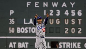 BOSTON, MA - AUGUST 25: Mookie Betts #50 of the Los Angeles Dodgers smiles at former teammates before the game against the Boston Red Sox at Fenway Park on August 25, 2023 in Boston, Massachusetts. (Photo By Winslow Townson/Getty Images) (Photo by Winslow Townson / GETTY IMAGES NORTH AMERICA / Getty Images via AFP)