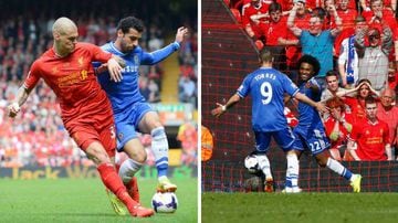 A la izquierda, Salah pelea un balón jugando aún con el Chelsea. A la derecha, Willian celebra su tanto agradeciéndole la asistencia a Torres.