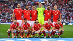 The Wales team line up before the UEFA EURO 2016 Group B match between Russia and Wales at Stadium Municipal on June 20, 2016 in Toulouse, France. 