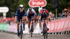Movistar Teams Gonzalo Serrano crosses the line ahead of INEOS Grenadiers Thomas Pidcock to win stage four of the AJ Bell Tour of Britain from Redcar to Duncombe Park, Helmsley. Picture date: Wednesday September 7, 2022. (Photo by Simon Marper/PA Images via Getty Images)