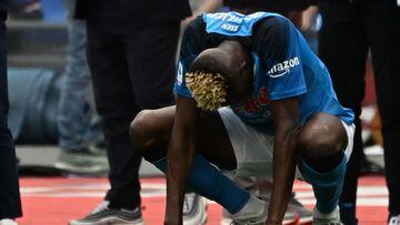 Napoli's Nigerian forward Victor Osimhen reacts during the Italian Serie A football match between Napoli and Salernitana on April 30, 2023 at the Diego-Maradona stadium in Naples. - Naples braces for its potential first Scudetto championship win in 33 years. With a 17 point lead at the top of Serie A, southern Italy's biggest club is anticipating its victory in the Scudetto for the first time since 1990. (Photo by Andreas SOLARO / AFP)