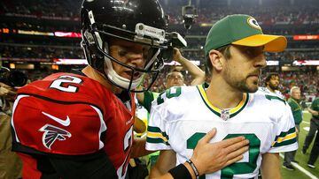 ATLANTA, GA - OCTOBER 30: Matt Ryan #2 of the Atlanta Falcons converses with Aaron Rodgers #12 of the Green Bay Packers after their 33-32 win at Georgia Dome on October 30, 2016 in Atlanta, Georgia.   Kevin C. Cox/Getty Images/AFP == FOR NEWSPAPERS, INTERNET, TELCOS &amp; TELEVISION USE ONLY ==