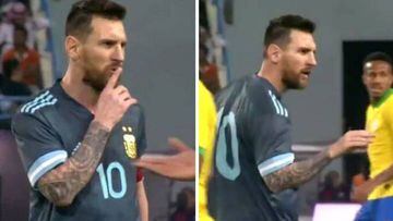 Messi puts his finger to his lips as Tite urges the referee to show the Argentina captain a yellow card.