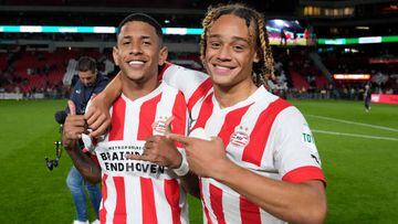 EINDHOVEN, NETHERLANDS - AUGUST 6: Savio of PSV, Xavi Simons of PSV during the Dutch Eredivisie  match between PSV v FC Emmen at the Philips Stadium on August 6, 2022 in Eindhoven Netherlands (Photo by Photo Prestige/Soccrates/Getty Images)