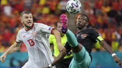 North Macedonia&#039;s Stefan Ristovski, left, duels for the ball with Austria&#039;s David Alaba during the Euro 2020 soccer championship group C match between Austria and Northern Macedonia at the National Arena stadium in Bucharest, Romania, Sunday, Ju