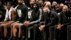 Feb 8, 2022; Brooklyn, New York, USA; Brooklyn Nets guard James Harden (13) watches from the bench during the second quarter against the Boston Celtics at Barclays Center. Mandatory Credit: Brad Penner-USA TODAY Sports