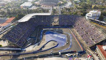 FORMULAE FORMULA E 
 AUTODROMO HERMANOS RODRIGUEZ, MEXICO - FEBRUARY 16: An aerial view as the field passes through the stadium section of the track during the Mexico City E-prix at Autodromo Hermanos Rodriguez on February 16, 2019 in Autodromo Hermanos R
