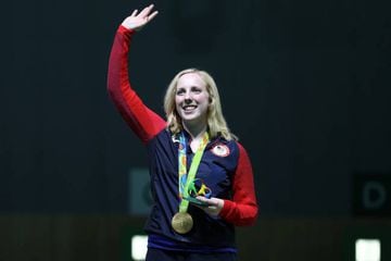 Thrasher waves after winning the first gold medal of Rio 2016.