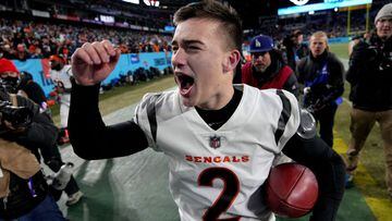 Jan 22, 2022; Nashville, Tennessee, USA; Cincinnati Bengals kicker Evan McPherson (2) celebrates after kicking the game-winning 52-yard field goal to defeat the Tennessee Titans 19-16 during the AFC Divisional playoff football game at Nissan Stadium. Mand