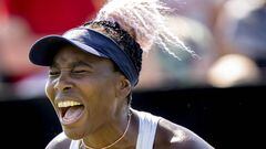 US Venus Williams screams during her women's singles match against Switzerland's Celine Naef on day two of the Libema Open tennis tournament in Rosmalen on June 12, 2023. (Photo by Sander Koning / ANP / AFP) / Netherlands OUT
