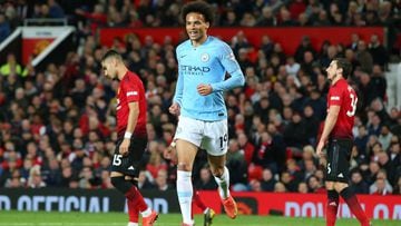 MANCHESTER, ENGLAND - APRIL 24:  Leroy Sane of Manchester City celebrates after scoring their second goal during the Premier League match between Manchester United and Manchester City at Old Trafford on April 24, 2019 in Manchester, United Kingdom. (Photo by Alex Livesey - Danehouse/Getty Images )