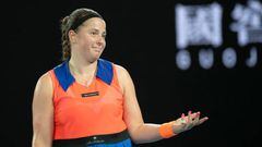 MELBOURNE, AUSTRALIA - JANUARY 24: Jelena Ostapenko of Latvia reacts during the quarterfinal singles match against Elena Rybakina of Kazakhstan  during day nine of the 2023 Australian Open at Melbourne Park on January 24, 2023 in Melbourne, Australia. (Photo by Will Murray/Getty Images)